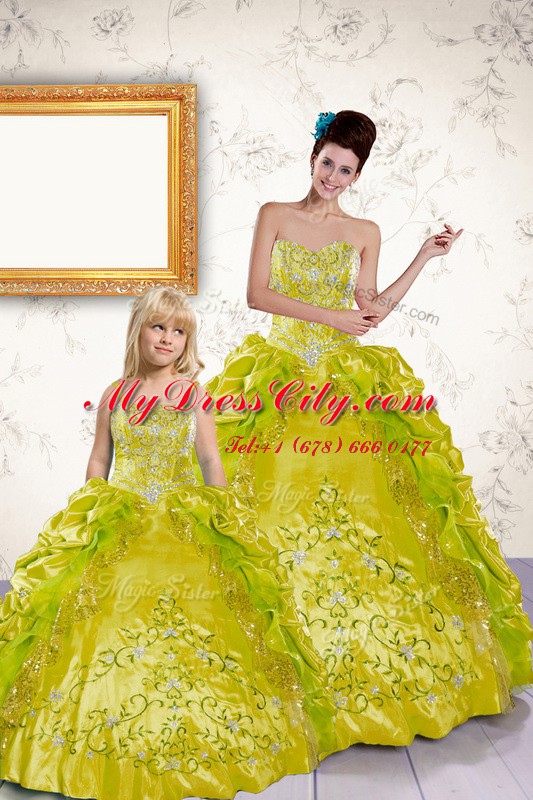 Excellent Floor Length Yellow 15th Birthday Dress Taffeta Sleeveless Beading and Embroidery and Pick Ups