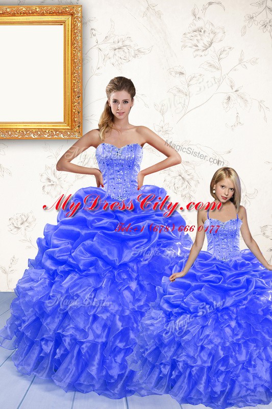 Floor Length Royal Blue Quinceanera Dress Organza Sleeveless Beading and Ruffles and Pick Ups