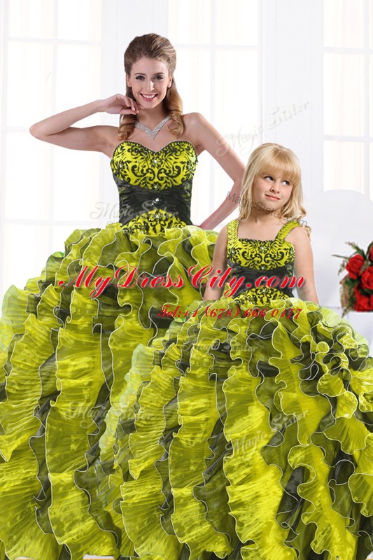 Decent Yellow Green Ball Gowns Organza Sweetheart Sleeveless Beading and Appliques and Ruffles Floor Length Lace Up Quinceanera Gowns