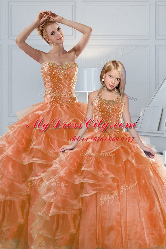 Orange 15 Quinceanera Dress Organza Sleeveless Beading and Ruffled Layers