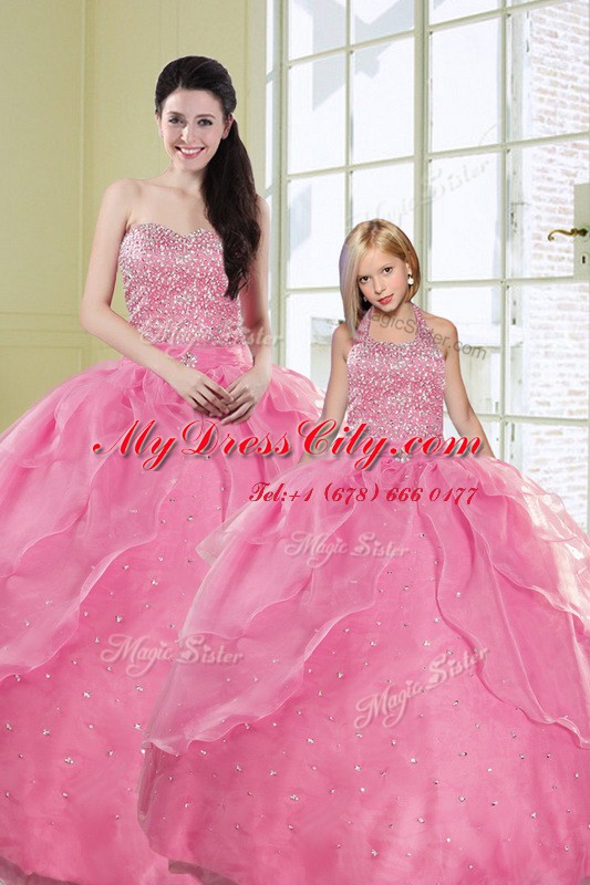 Romantic Rose Pink Sleeveless Beading and Sequins Floor Length Quinceanera Dresses