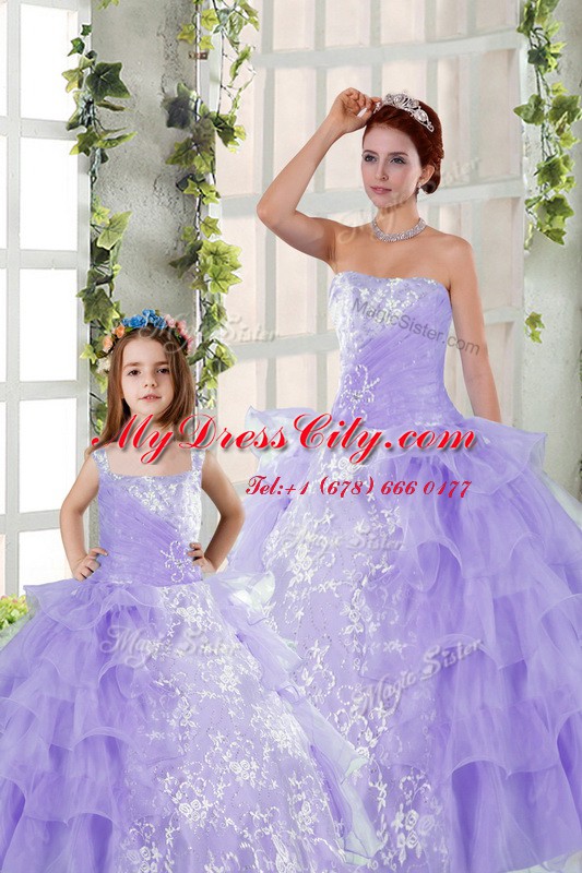 Chic Lavender Ball Gowns Organza Strapless Sleeveless Embroidery and Ruffled Layers Floor Length Lace Up 15th Birthday Dress