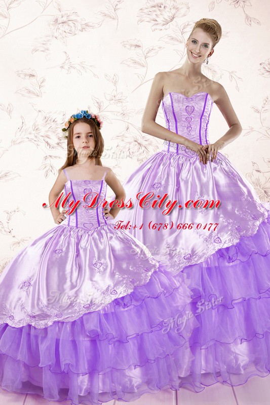 Lavender Lace Up Quinceanera Dresses Embroidery and Ruffled Layers Sleeveless Floor Length