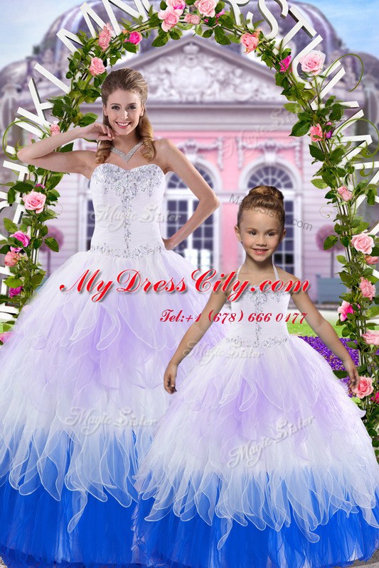 Ideal Multi-color Ball Gowns Sweetheart Sleeveless Tulle Floor Length Lace Up Beading 15 Quinceanera Dress