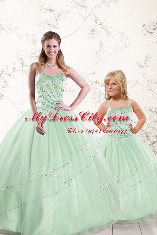 Floor Length Lace Up Quinceanera Gowns Apple Green for Military Ball and Sweet 16 and Quinceanera with Beading