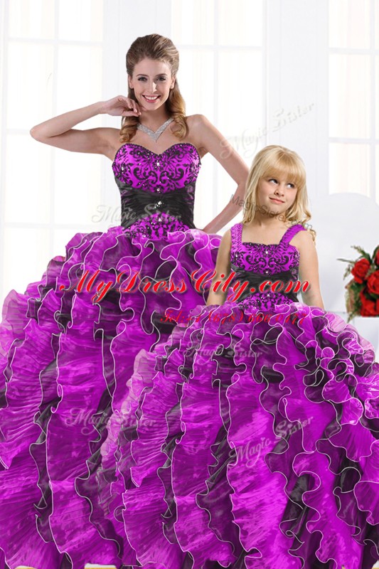 Admirable Fuchsia Sweetheart Lace Up Beading and Appliques and Ruffles Ball Gown Prom Dress Sleeveless