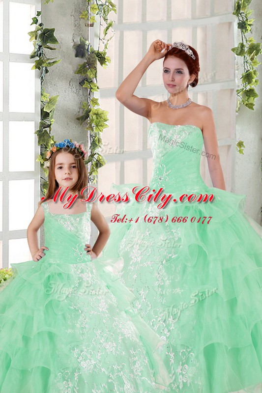 Trendy Apple Green Lace Up Strapless Beading and Ruffled Layers and Ruching Quinceanera Gown Organza Sleeveless