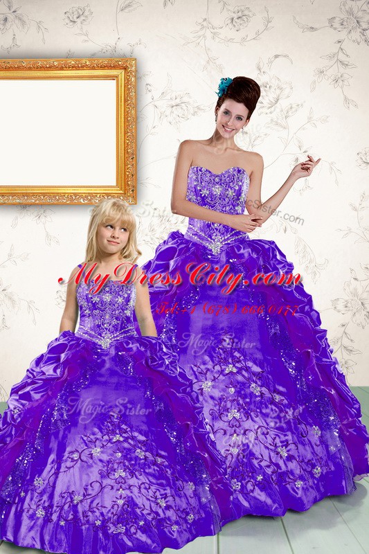 Charming Sleeveless Taffeta Floor Length Side Zipper Quinceanera Gown in Purple with Beading and Embroidery and Pick Ups