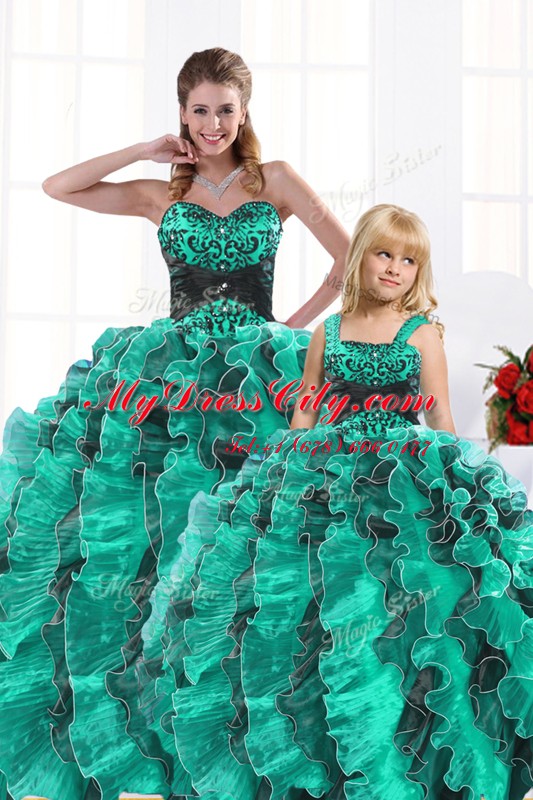 Floor Length Turquoise Sweet 16 Dress Organza Sleeveless Beading and Appliques and Ruffles