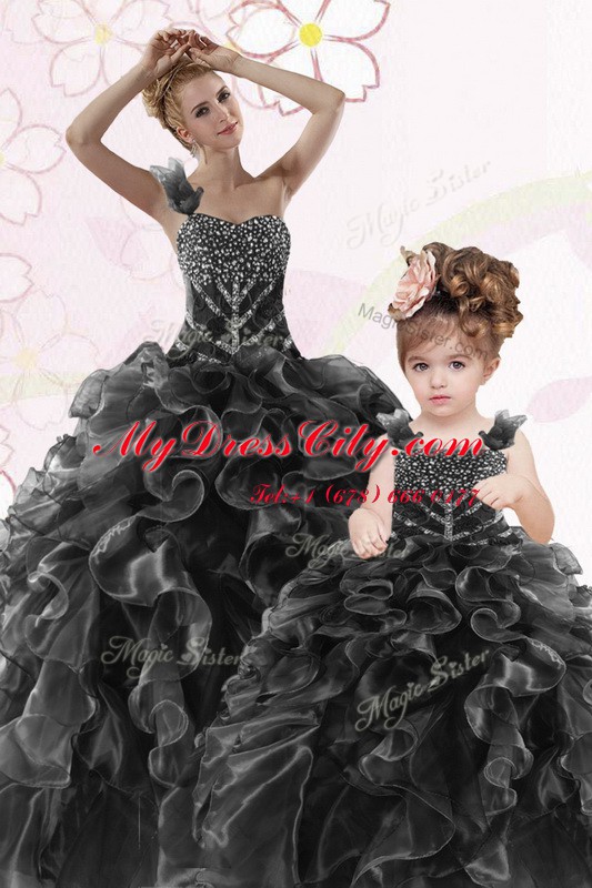 One Shoulder Sleeveless Organza Floor Length Lace Up Quinceanera Gowns in Black with Beading and Ruffles