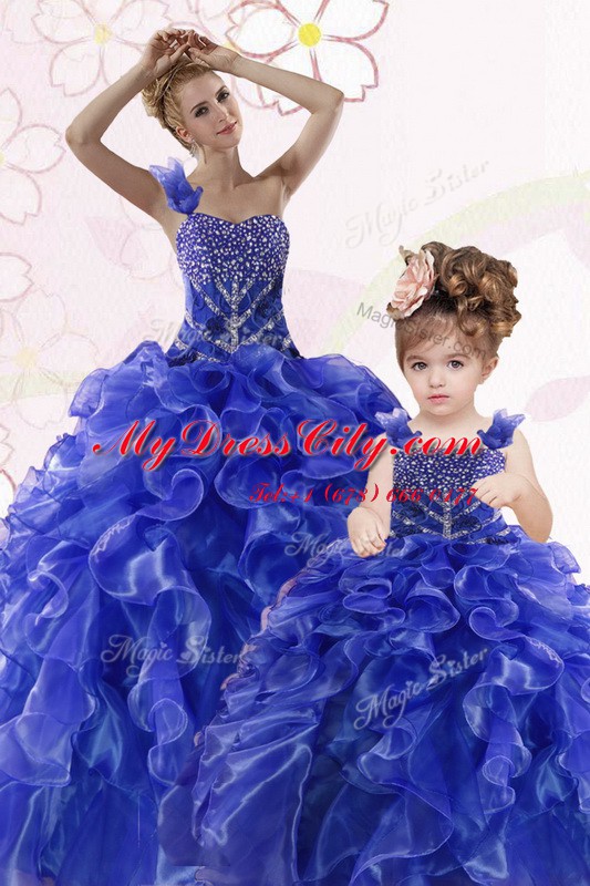 Lovely One Shoulder Royal Blue Sleeveless Floor Length Beading and Ruffles Lace Up Vestidos de Quinceanera