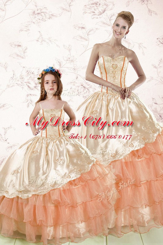 Cute Sleeveless Floor Length Embroidery and Ruffled Layers Lace Up Sweet 16 Dress with Peach