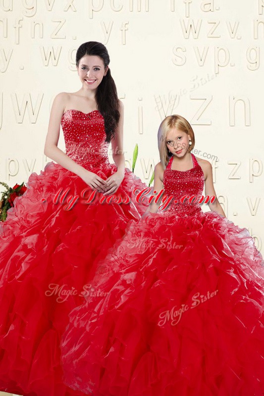 Sumptuous Coral Red Organza Lace Up Sweetheart Sleeveless Floor Length Quinceanera Dresses Beading and Ruffles