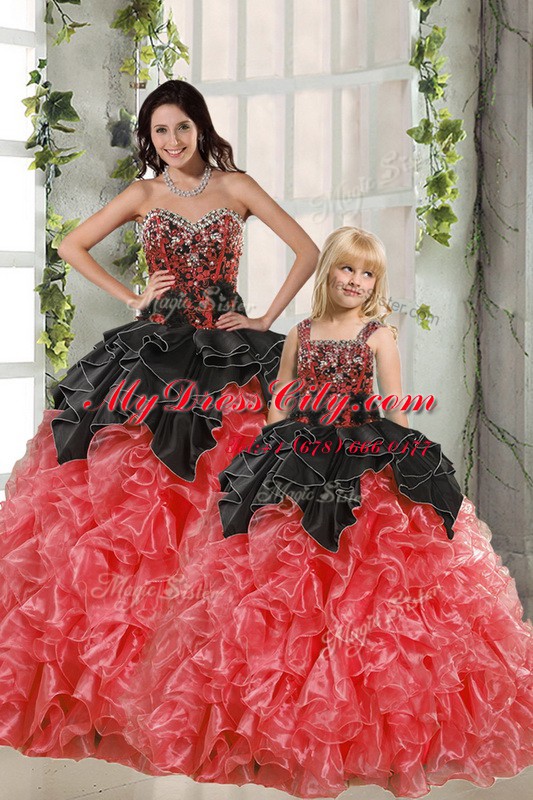 Red And Black Organza Lace Up 15th Birthday Dress Sleeveless Floor Length Beading and Ruffles