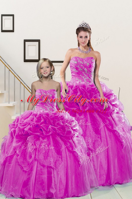 Hot Selling Pick Ups Fuchsia Sleeveless Organza Lace Up Quinceanera Gown for Military Ball and Sweet 16 and Quinceanera