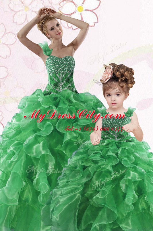 One Shoulder Green Ball Gowns Beading and Ruffles Quinceanera Gowns Lace Up Organza Sleeveless Floor Length