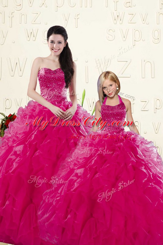 Fuchsia Sleeveless Beading and Ruffles Floor Length Quinceanera Gowns