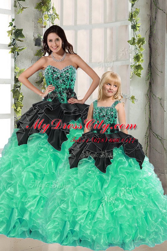 Customized Apple Green Organza Lace Up Sweetheart Sleeveless Floor Length Quinceanera Gown Beading and Ruffles