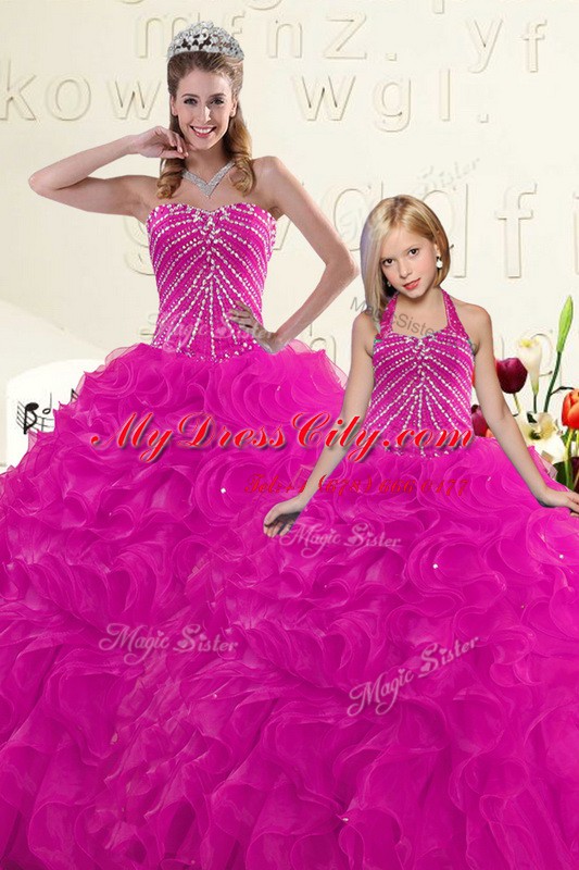 Fuchsia Organza Lace Up Vestidos de Quinceanera Sleeveless Floor Length Beading and Ruffles