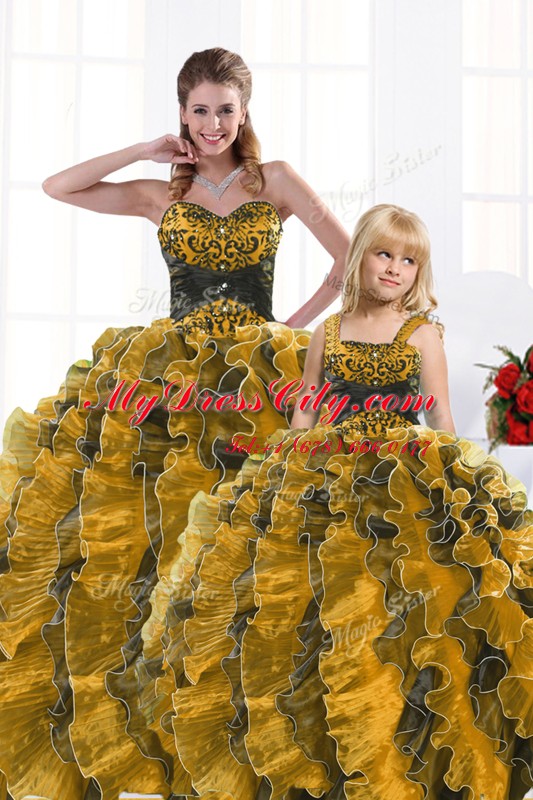 Gold Ball Gowns Sweetheart Sleeveless Organza Floor Length Lace Up Beading and Appliques and Ruffles 15th Birthday Dress