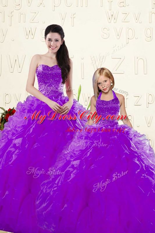 Noble Sleeveless Organza Floor Length Lace Up Vestidos de Quinceanera in Eggplant Purple with Beading and Ruffles