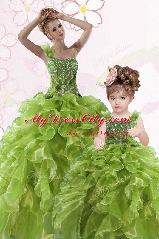 One Shoulder Sleeveless Sweet 16 Dresses Floor Length Beading and Ruffles Green Organza