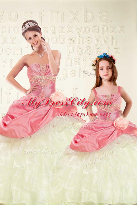 Chic Ruffled Ball Gowns Sweet 16 Dress Pink Sweetheart Organza and Taffeta Sleeveless Floor Length Lace Up