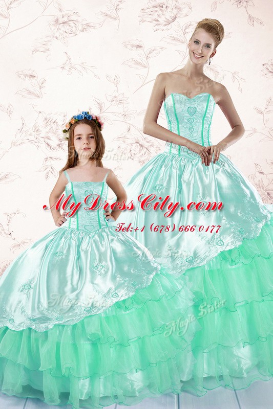 Lovely Apple Green Lace Up Sweetheart Embroidery and Ruffled Layers 15th Birthday Dress Organza Long Sleeves