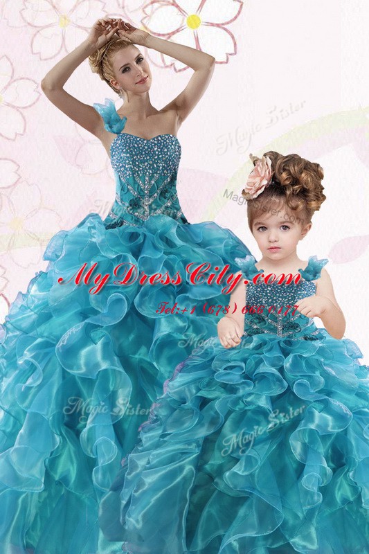 One Shoulder Teal Sleeveless Organza Lace Up Sweet 16 Quinceanera Dress for Military Ball and Sweet 16 and Quinceanera