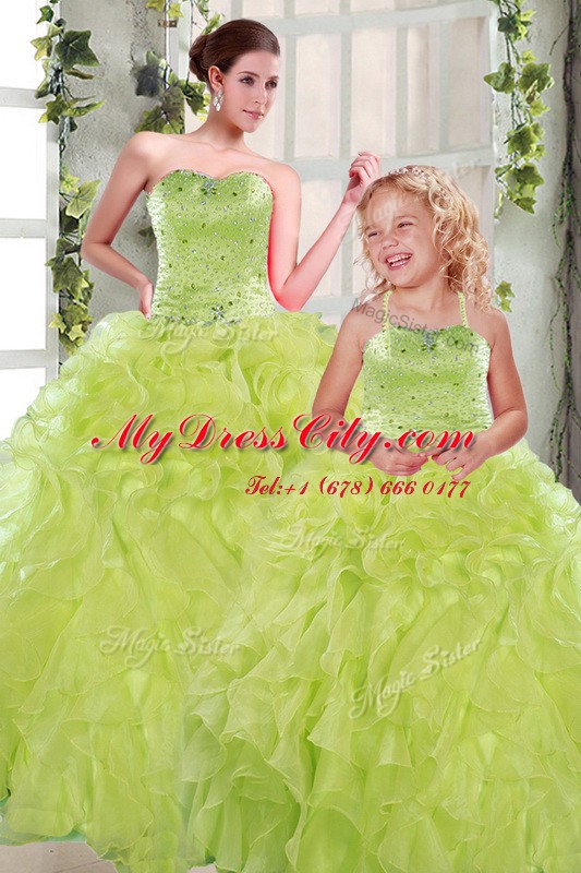 Artistic Yellow Green Strapless Lace Up Beading and Ruffles Quinceanera Gowns Sleeveless