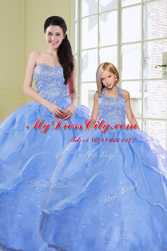 Floor Length Lace Up Quinceanera Dress Light Blue for Military Ball and Sweet 16 and Quinceanera with Beading