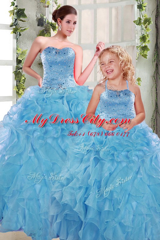 Unique Sweetheart Sleeveless Organza Sweet 16 Dress Beading and Ruffles Lace Up