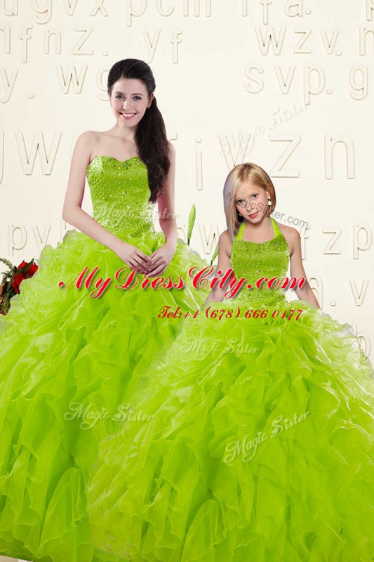 Floor Length Yellow Green Quince Ball Gowns Organza Sleeveless Beading and Ruffles