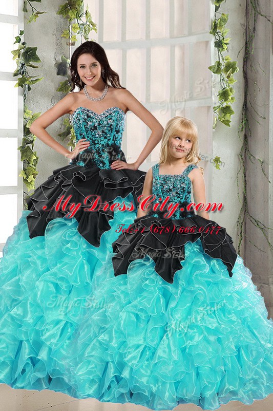 Turquoise Organza Lace Up Sweetheart Sleeveless Floor Length Sweet 16 Dresses Beading and Ruffles