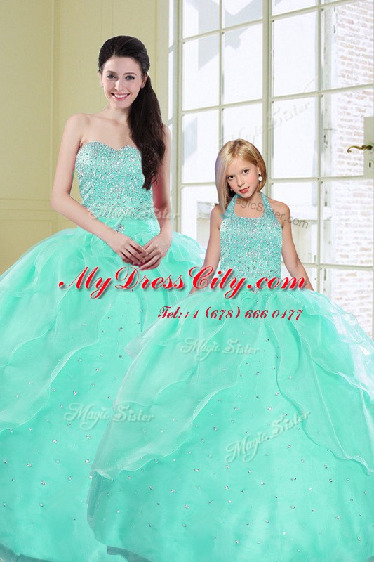 Fitting Turquoise Sweetheart Neckline Beading and Sequins Quinceanera Gowns Sleeveless Lace Up