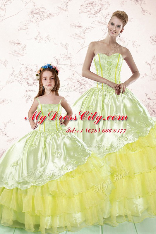 Pretty Sleeveless Organza Floor Length Lace Up Vestidos de Quinceanera in Light Yellow with Embroidery and Ruffled Layers