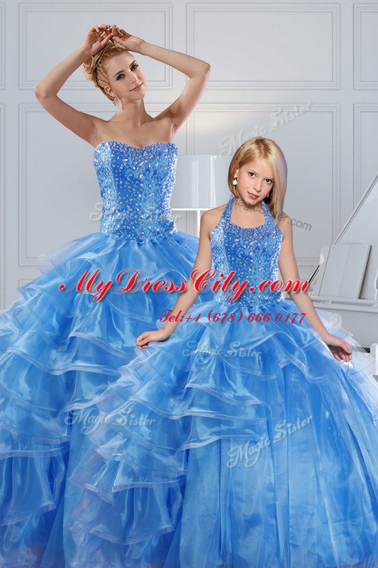 Floor Length Baby Blue Sweet 16 Dresses Organza Sleeveless Beading and Ruffled Layers