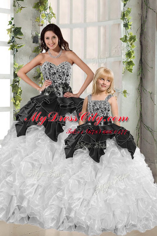 Floor Length White and Black Quinceanera Dresses Sweetheart Sleeveless Lace Up