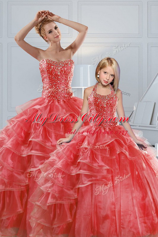 Coral Red Sweetheart Neckline Beading and Ruffled Layers Quinceanera Gowns Sleeveless Lace Up