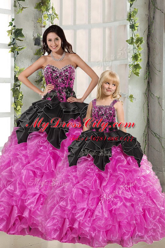 Excellent Pink And Black Organza Lace Up Sweetheart Sleeveless Floor Length 15th Birthday Dress Beading and Ruffles