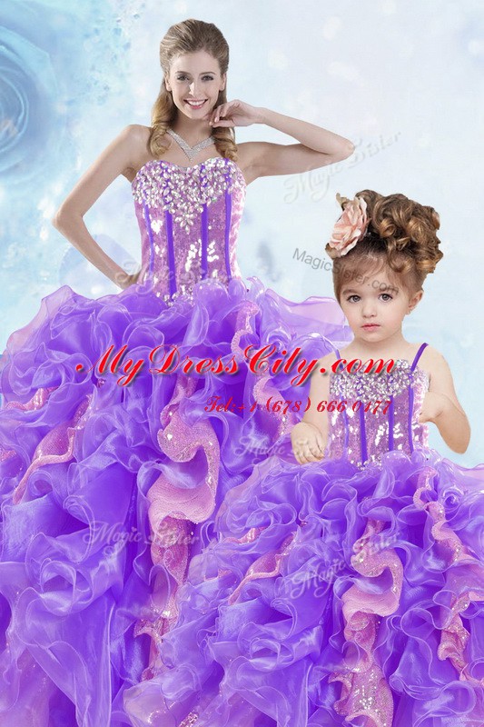 Multi-color Sleeveless Floor Length Beading and Ruffles and Sequins Lace Up Quinceanera Gowns