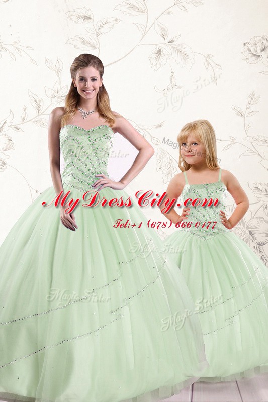 Apple Green Ball Gowns Tulle Sweetheart Sleeveless Beading Floor Length Lace Up Quinceanera Dresses