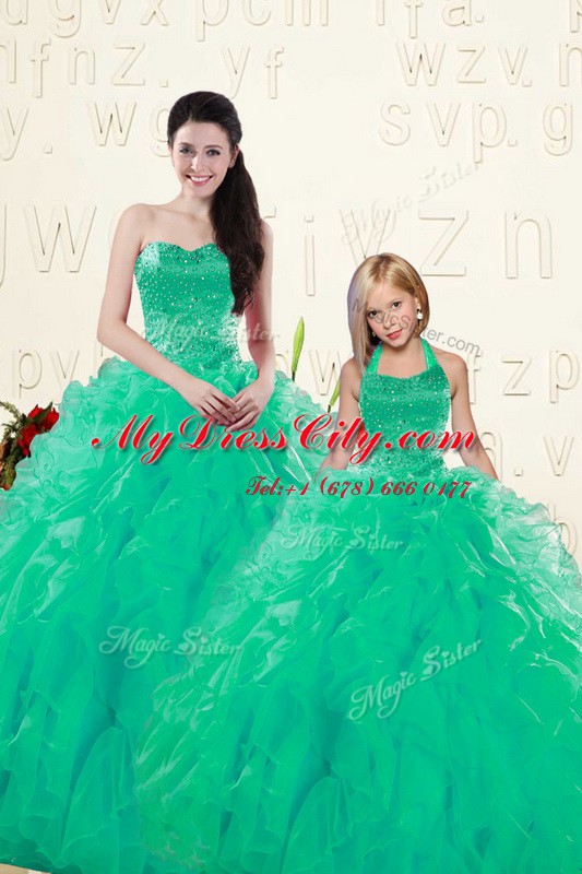 Eye-catching Organza Sweetheart Sleeveless Lace Up Beading and Ruffles Quinceanera Gown in Turquoise