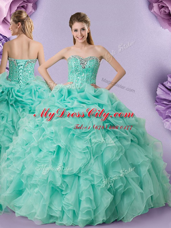 Excellent Apple Green Sweet 16 Dresses Military Ball and Sweet 16 and Quinceanera and For with Beading and Ruffles and Pick Ups Sweetheart Sleeveless Lace Up