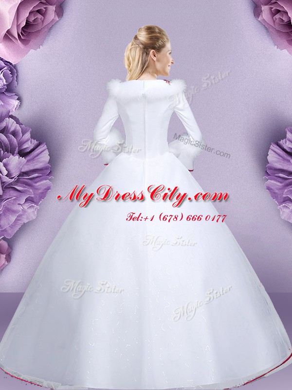 White Tulle and Lace Zipper Quinceanera Dresses Long Sleeves Floor Length Embroidery and Hand Made Flower