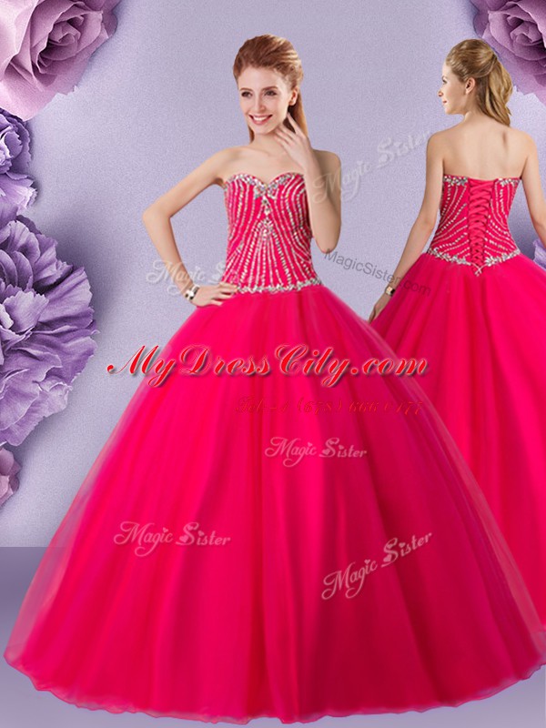 Fancy Sweetheart Sleeveless 15 Quinceanera Dress Floor Length Beading Hot Pink Tulle