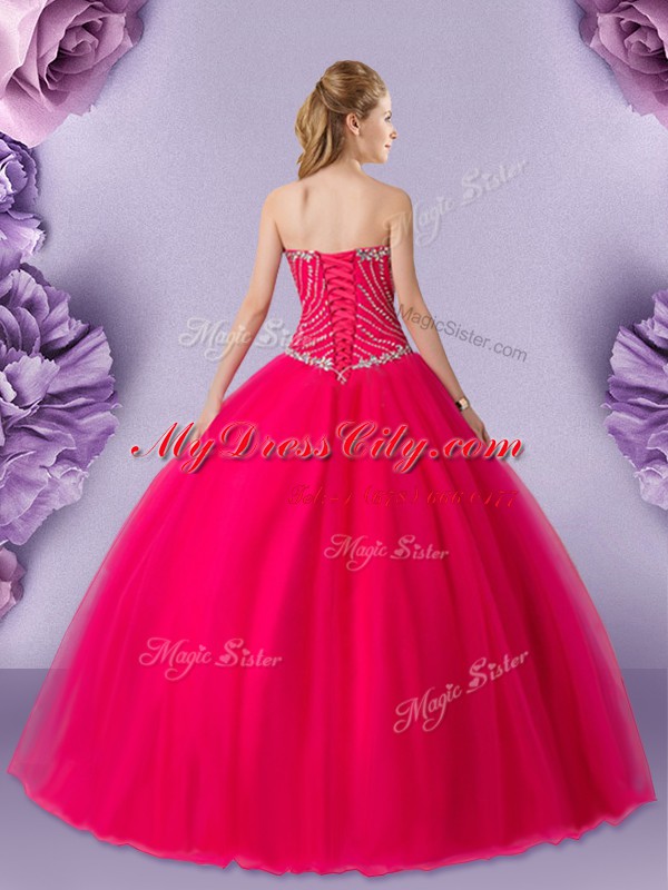 Fancy Sweetheart Sleeveless 15 Quinceanera Dress Floor Length Beading Hot Pink Tulle