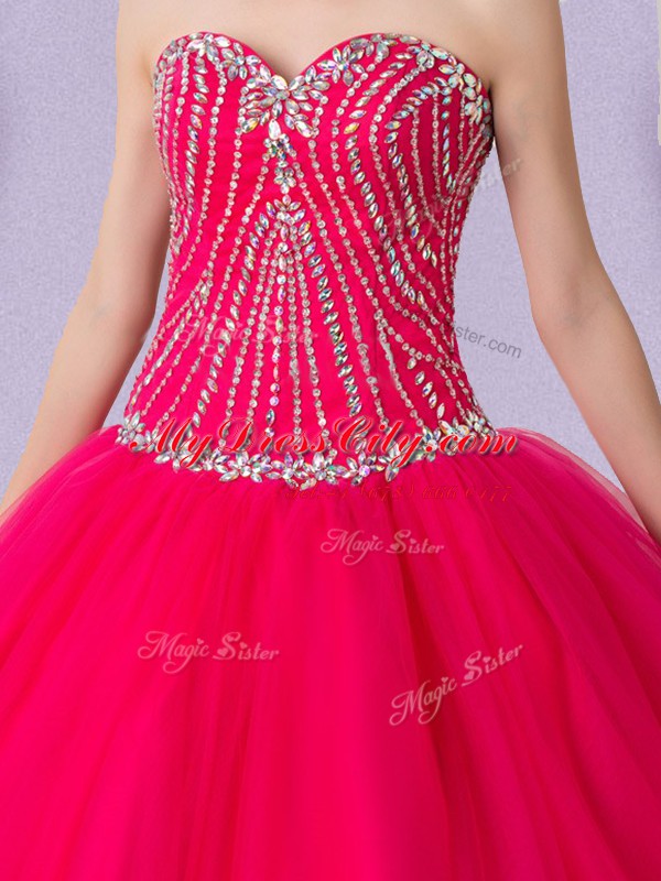 Fancy Sweetheart Sleeveless 15 Quinceanera Dress Floor Length Beading Hot Pink Tulle