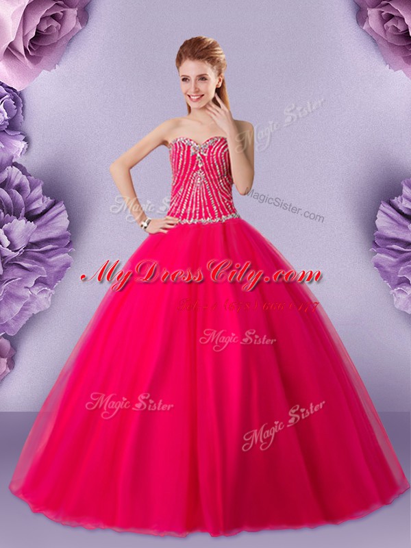 Fancy Sweetheart Sleeveless 15 Quinceanera Dress Floor Length Beading Hot Pink Tulle