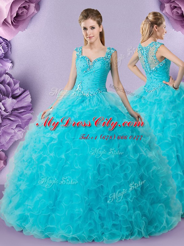 Custom Made Baby Blue Zipper Straps Beading and Ruffles 15th Birthday Dress Tulle Sleeveless